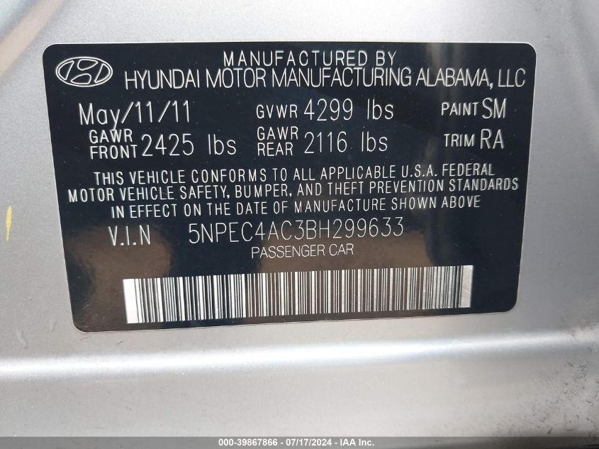 5NPEC4AC3BH299633 2011 Hyundai Sonata Limited