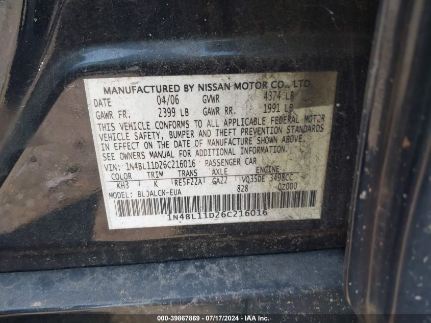 1N4BL11D26C216016 | 2006 NISSAN ALTIMA