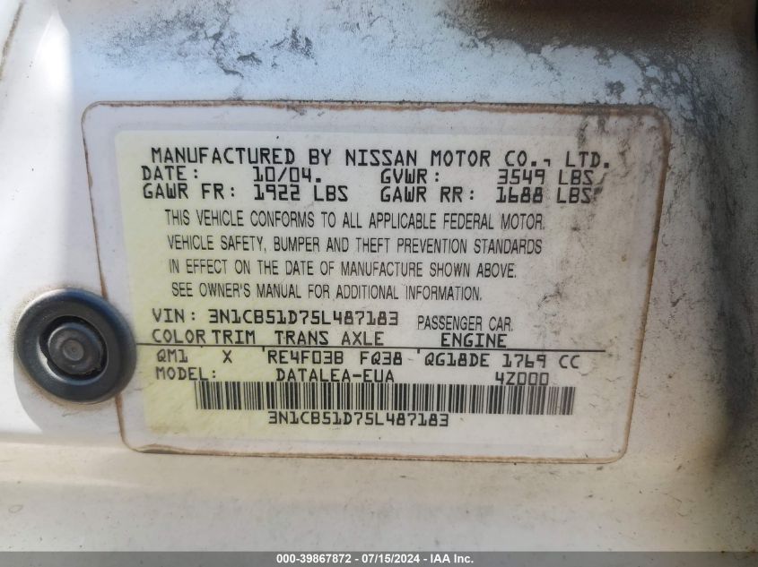 2005 Nissan Sentra 1.8S VIN: 3N1CB51D75L487183 Lot: 39867872