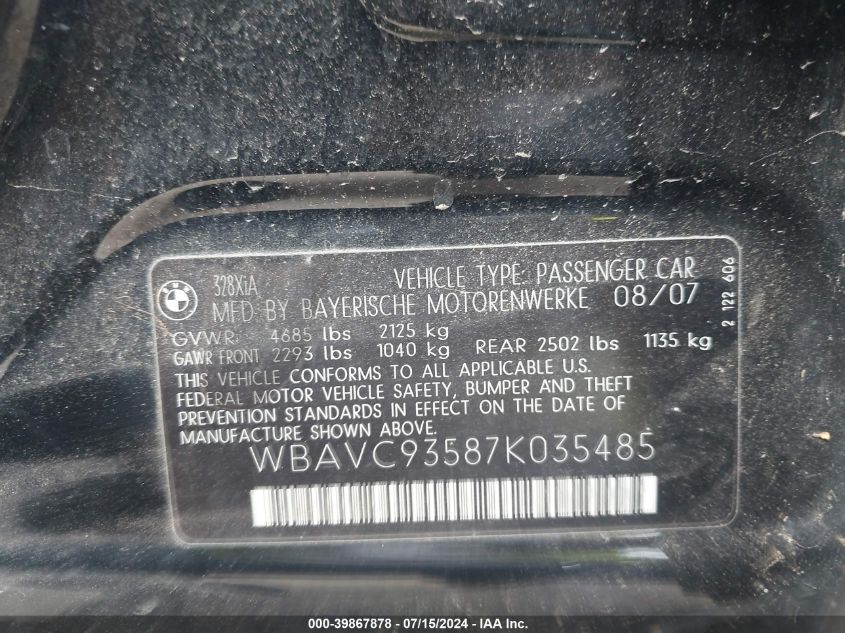 2007 BMW 328Xi VIN: WBAVC93587K035485 Lot: 39867878