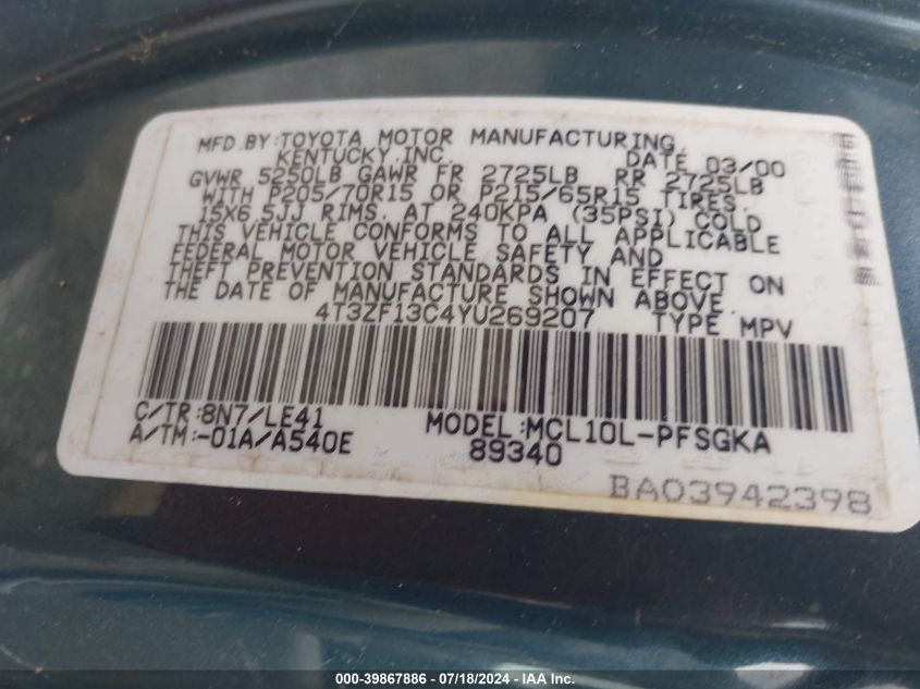 2000 Toyota Sienna Xle VIN: 4T3ZF13C4YU269207 Lot: 39867886