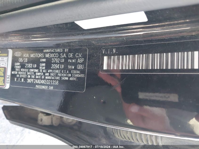 2019 Kia Forte Lxs VIN: 3KPF24AD4KE021358 Lot: 39867917