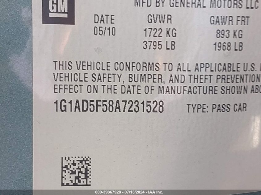 2010 Chevrolet Cobalt Lt VIN: 1G1AD5F58A7231528 Lot: 39867928