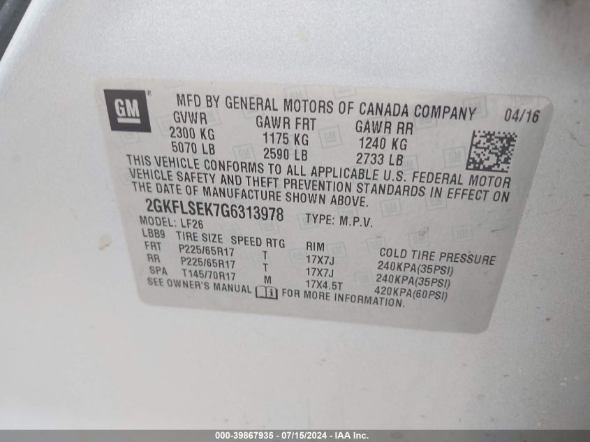 2016 GMC Terrain Sle-1 VIN: 2GKFLSEK7G6313978 Lot: 39867935