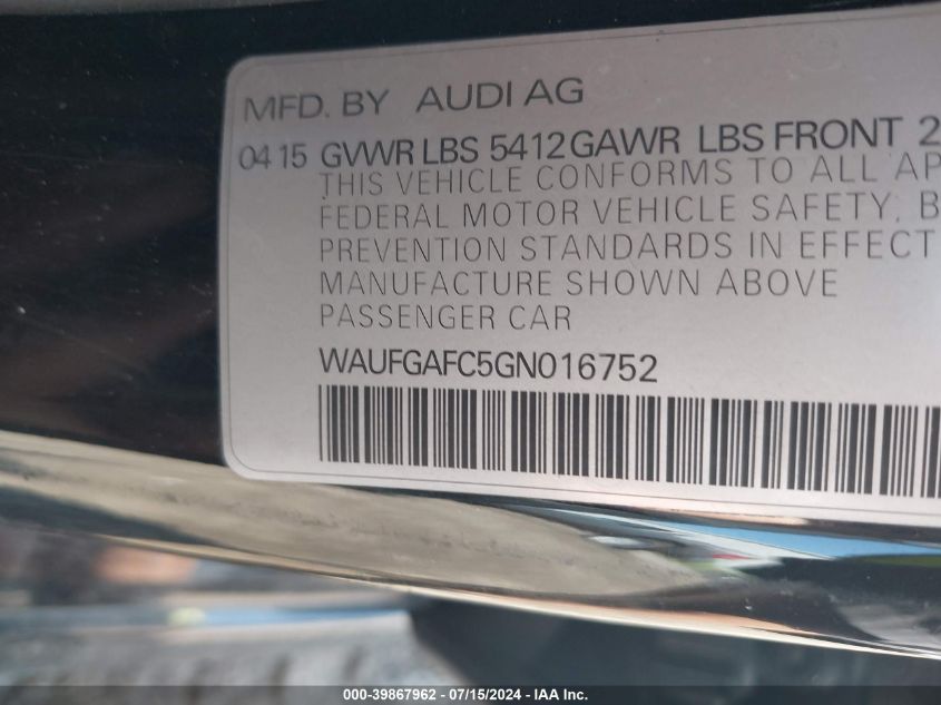 WAUFGAFC5GN016752 2016 Audi A6 3.0T Premium Plus