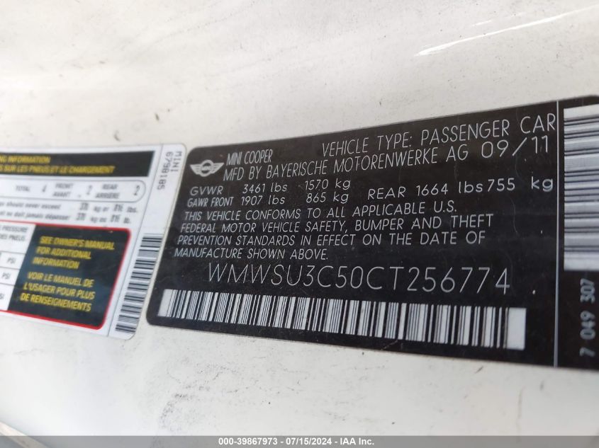 2012 Mini Cooper VIN: WMWSU3C50CT256774 Lot: 39867973