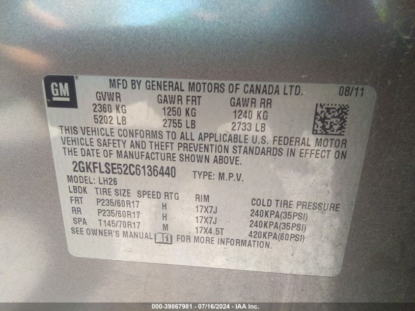 2012 GMC Terrain Sle VIN: 2GKFLSE52C6136440 Lot: 39867981