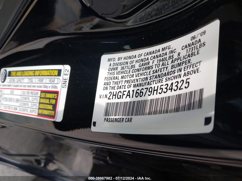 2009 Honda Civic Lx-S VIN: 2HGFA16679H534325 Lot: 39867982