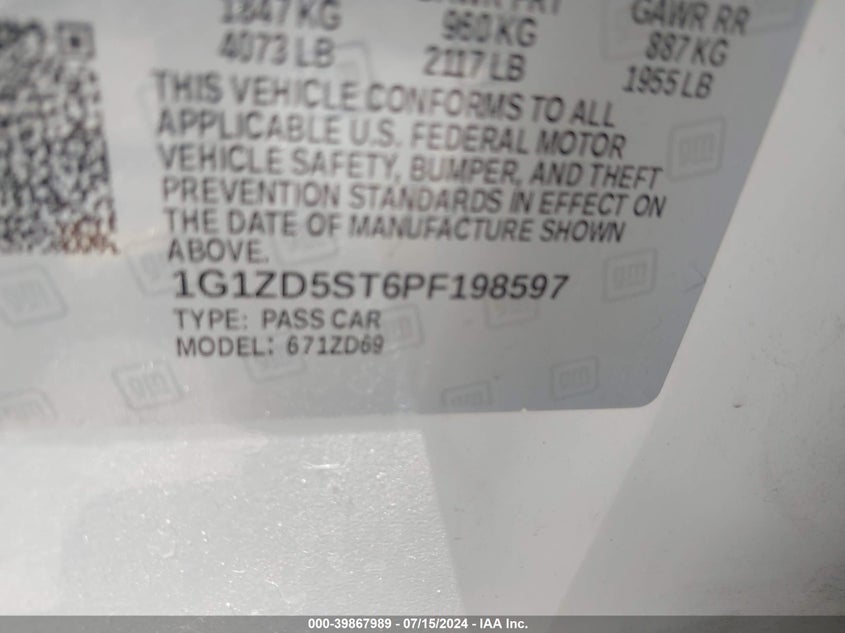 2023 Chevrolet Malibu Fwd 1Lt VIN: 1G1ZD5ST6PF198597 Lot: 39867989