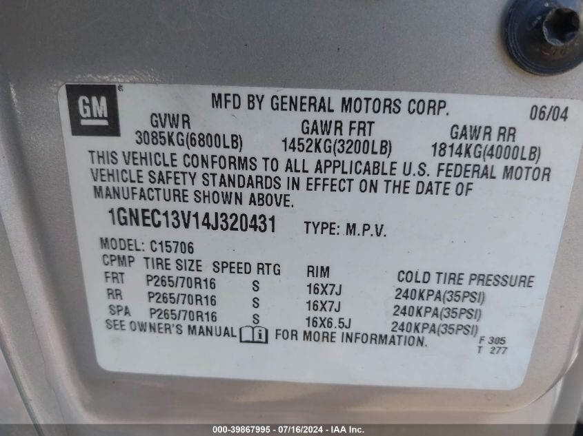 2004 Chevrolet Tahoe Ls VIN: 1GNEC13V14J320431 Lot: 39867995