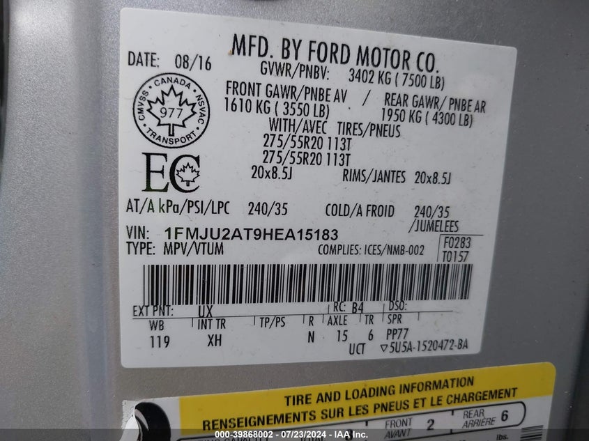 2017 Ford Expedition Limited VIN: 1FMJU2AT9HEA15183 Lot: 39868002