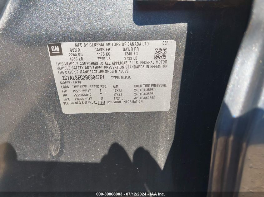 2011 GMC Terrain Sle-2 VIN: 2CTALSEC2B6384761 Lot: 39868003