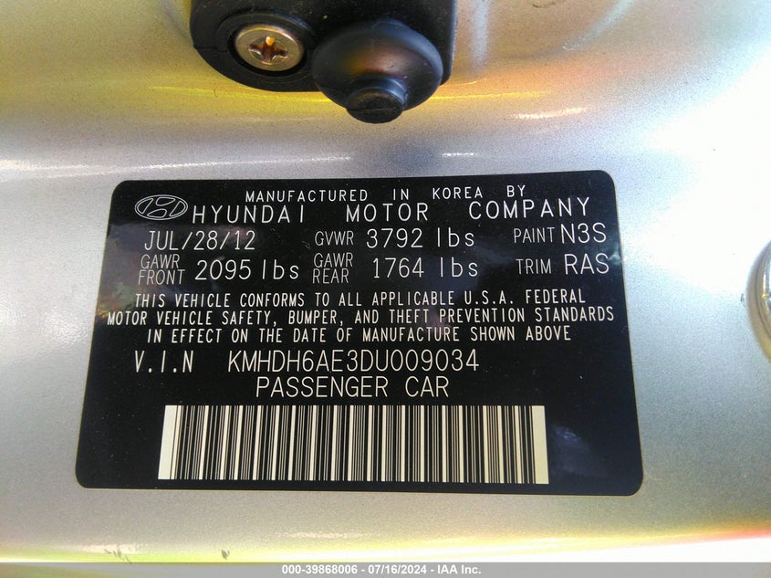 2013 Hyundai Elantra Se VIN: KMHDH6AE3DU009034 Lot: 39868006