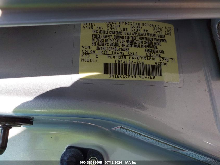 2011 Nissan Versa 1.8S VIN: 3N1BC1CP4BL414762 Lot: 39868008