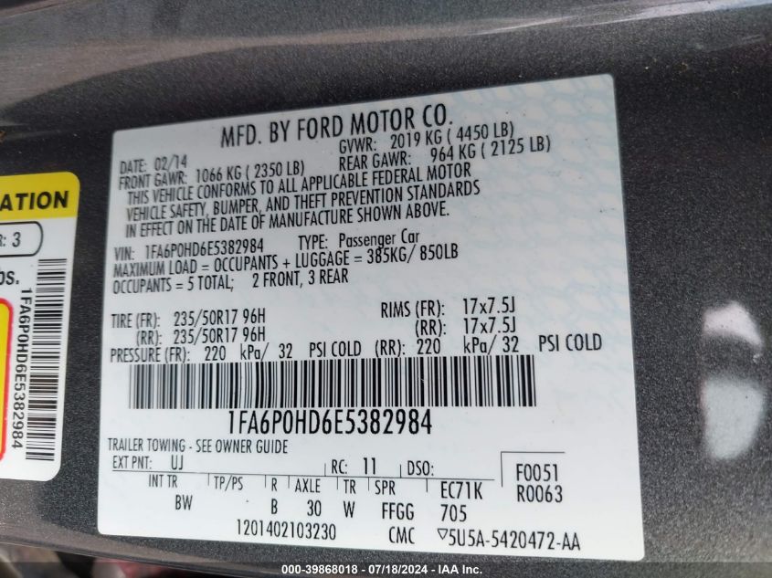 2014 Ford Fusion Se VIN: 1FA6P0HD6E5382984 Lot: 39868018