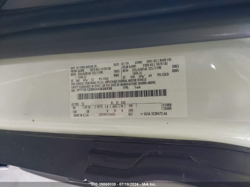 2019 Ford Transit-150 VIN: 1FTYE1ZMXKKB38538 Lot: 39868030