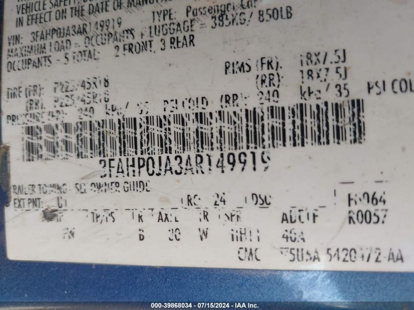 2010 Ford Fusion Sel VIN: 3FAHP0JA3AR149919 Lot: 39868034