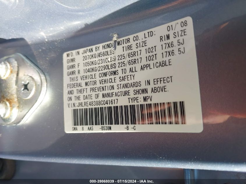 2008 Honda Cr-V Lx VIN: JHLRE48388C041617 Lot: 39868039