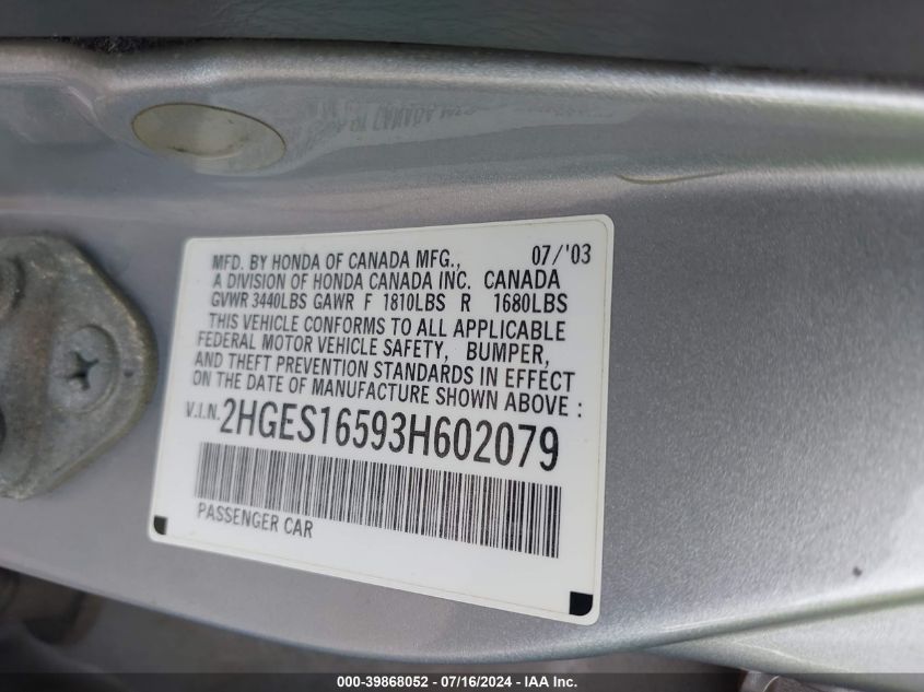 2003 Honda Civic Lx VIN: 2HGES16593H602079 Lot: 39868052