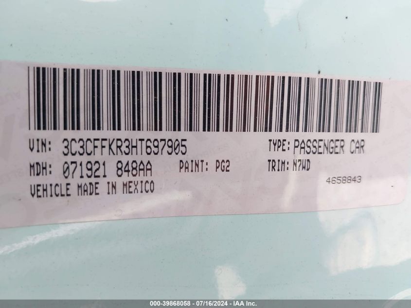 2017 Fiat 500 Pop VIN: 3C3CFFKR3HT697905 Lot: 39868058