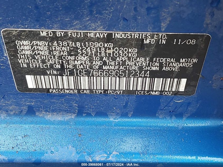 2009 Subaru Impreza Wrx VIN: JF1GE76669G512344 Lot: 39868061