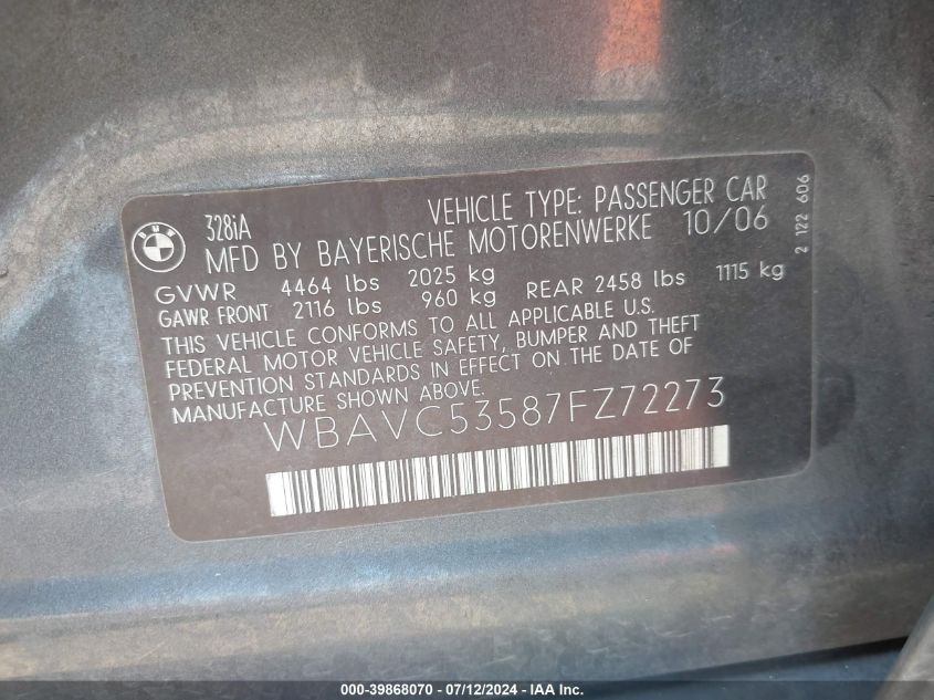 2007 BMW 328I VIN: WBAVC53587FZ72273 Lot: 39868070