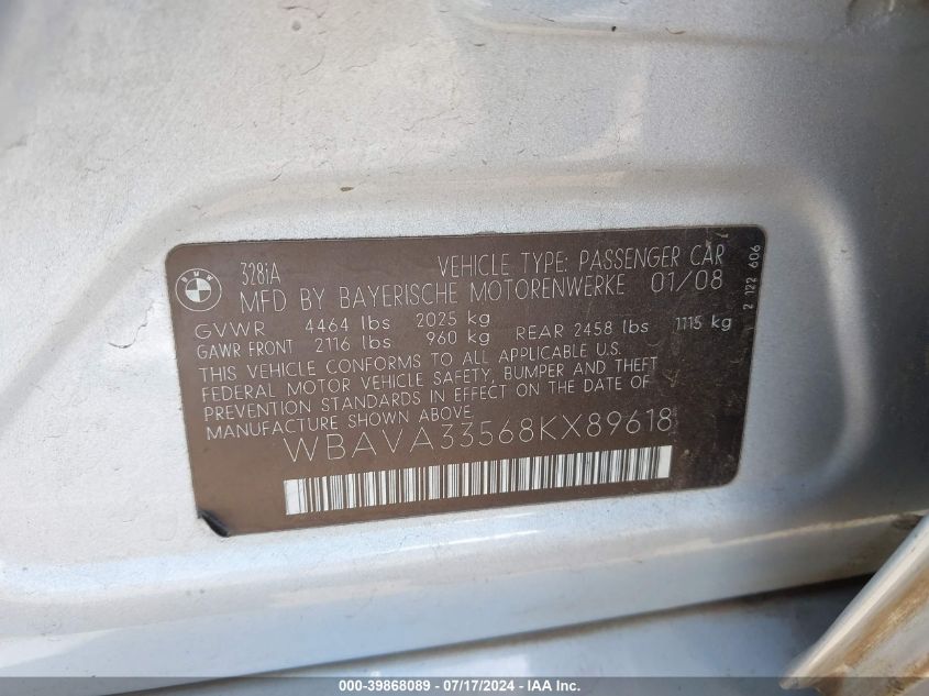 2008 BMW 328 I VIN: WBAVA33568KX89618 Lot: 39868089