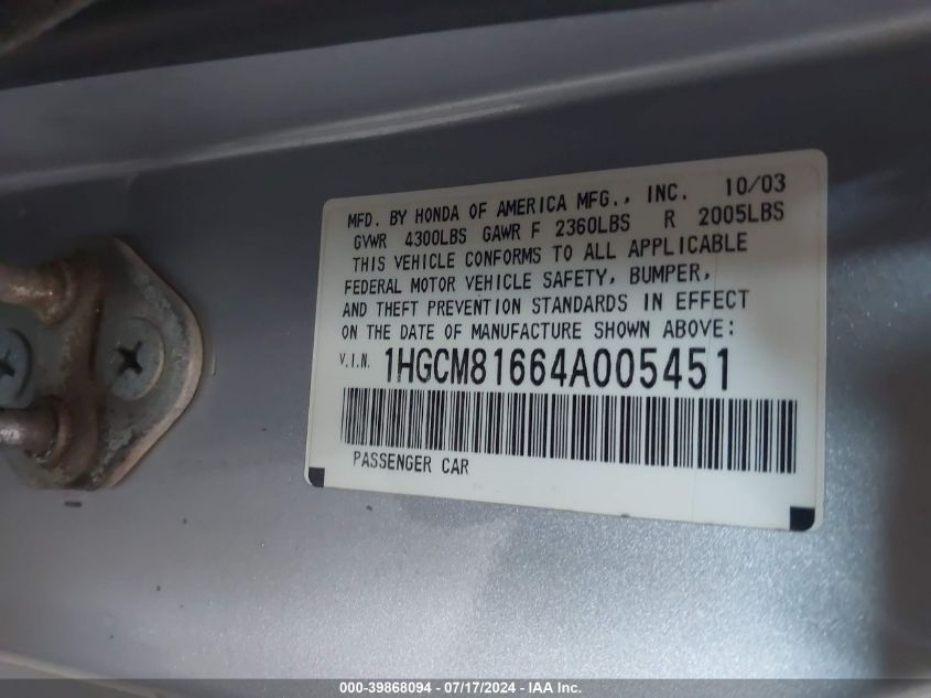 2004 Honda Accord Ex VIN: 1HGCM81664A005451 Lot: 39868094