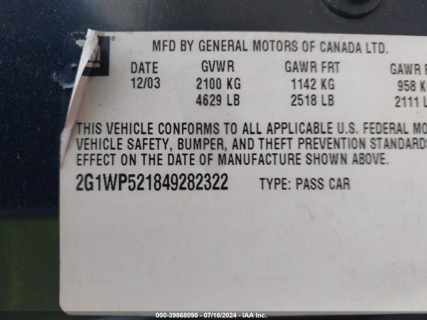 2G1WP521849282322 | 2004 CHEVROLET IMPALA