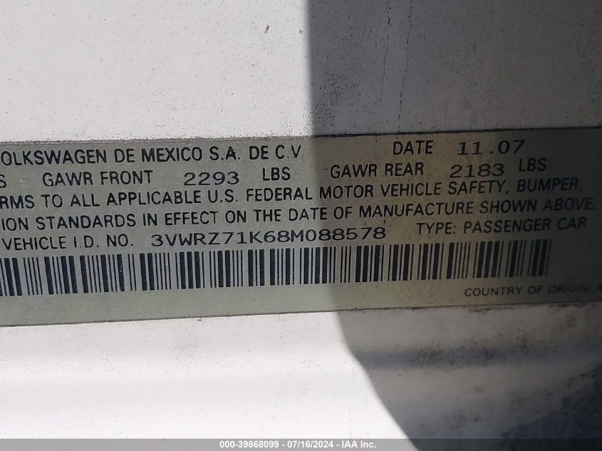 2008 Volkswagen Jetta Se/Sel VIN: 3VWRZ71K68M088578 Lot: 39868099