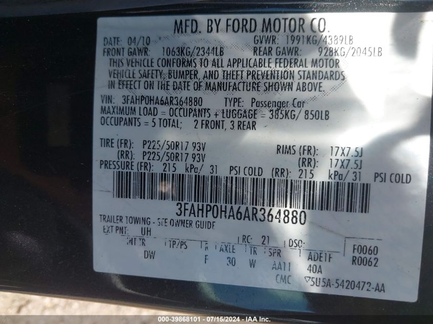 2010 Ford Fusion Se VIN: 3FAHP0HA6AR364880 Lot: 39868101