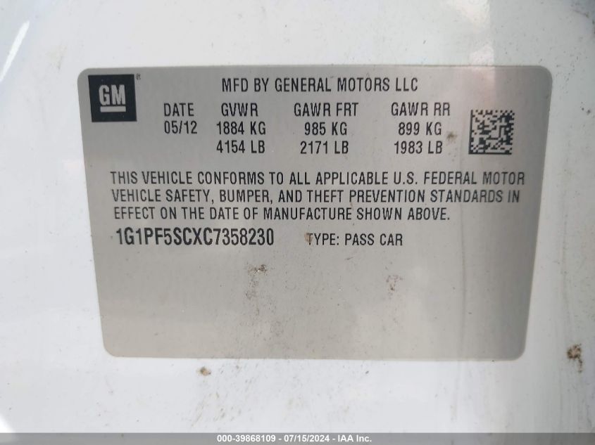 2012 Chevrolet Cruze 1Lt VIN: 1G1PF5SCXC7358230 Lot: 39868109