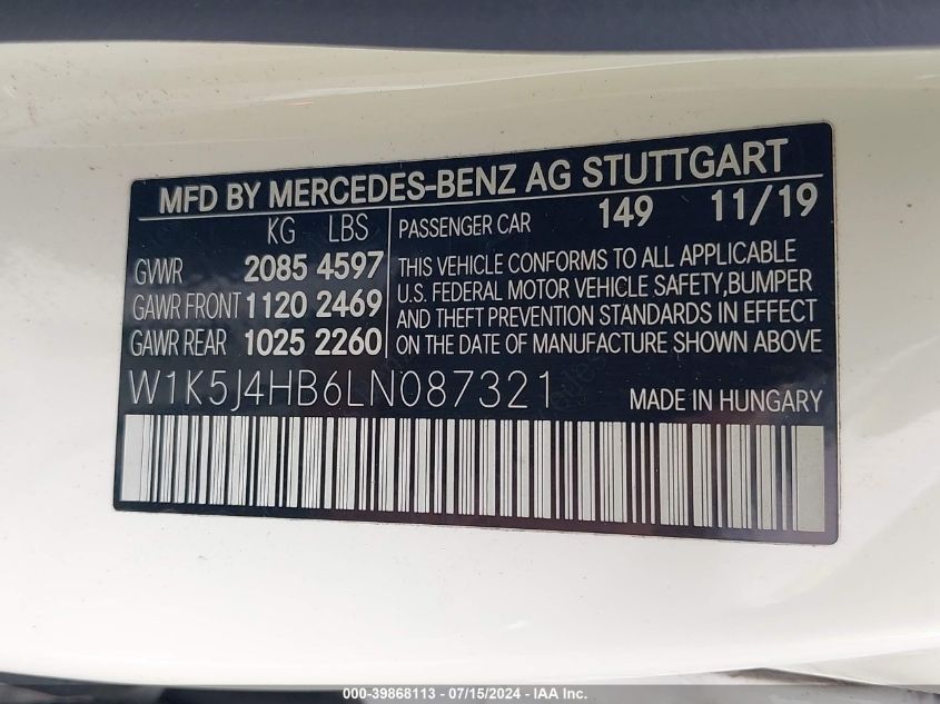 2020 Mercedes-Benz Cla 250 4Matic VIN: W1K5J4HB6LN087321 Lot: 39868113