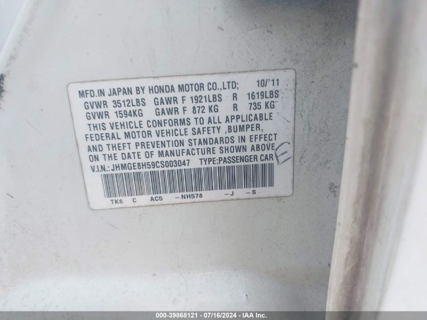 2012 Honda Fit Sport VIN: JHMGE8H59CS003047 Lot: 39868121