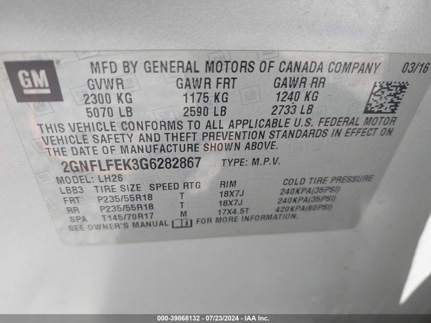 2GNFLFEK3G6282867 2016 Chevrolet Equinox Lt