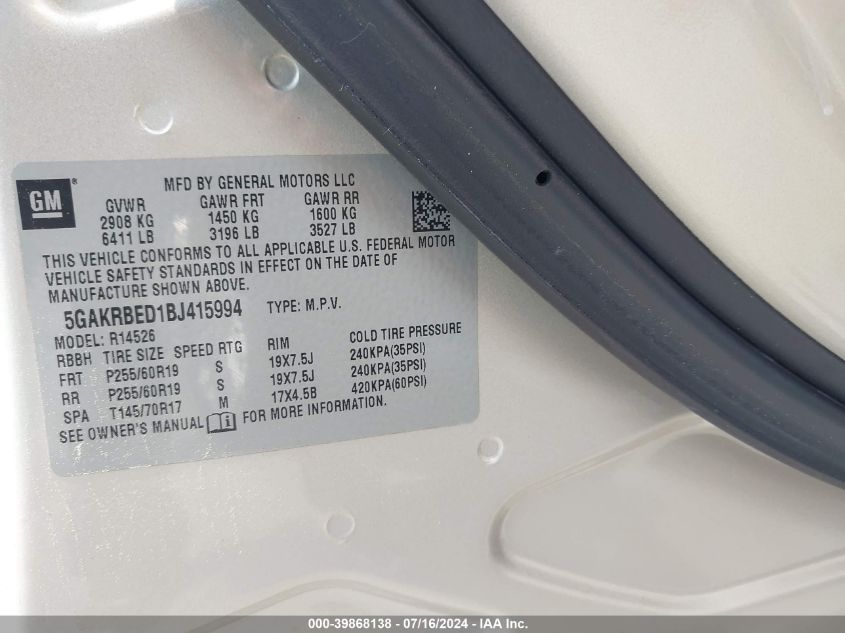 2011 Buick Enclave 1Xl VIN: 5GAKRBED1BJ415994 Lot: 39868138