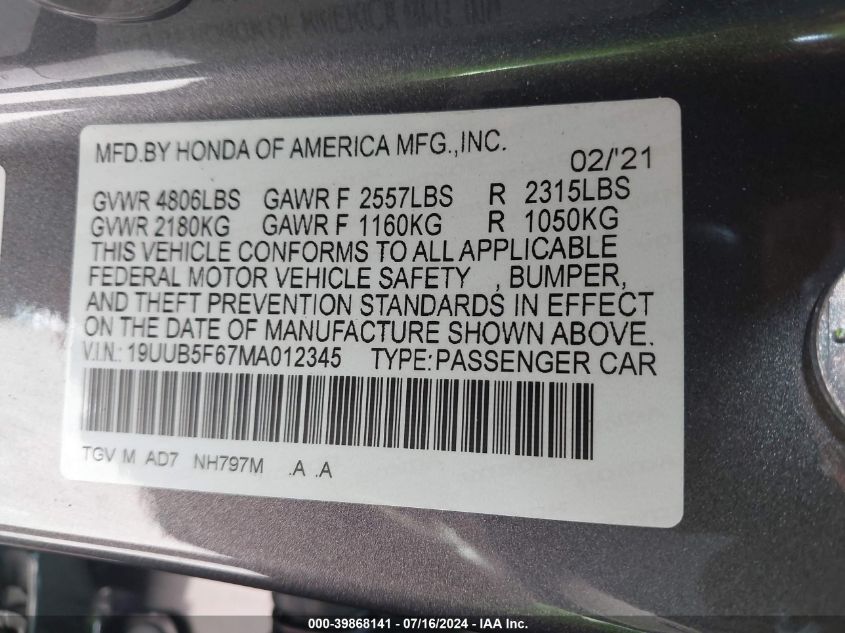 19UUB5F67MA012345 2021 Acura Tlx Advance Package