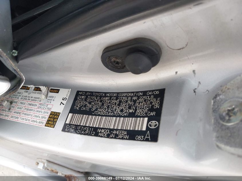 2006 Toyota Prius VIN: JTDKB20U667079241 Lot: 39868149