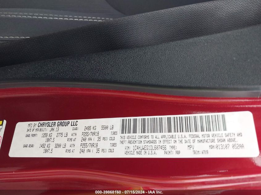 2013 Jeep Wrangler Unlimited Sahara VIN: 1C4HJWEG1DL607456 Lot: 39868160