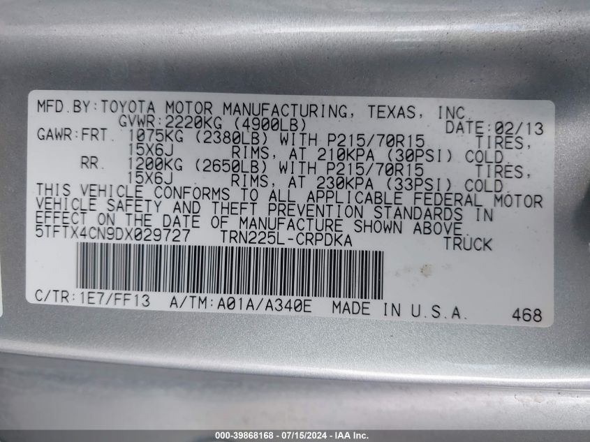 2013 Toyota Tacoma VIN: 5TFTX4CN9DX029727 Lot: 39868168
