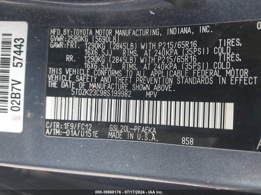 2008 Toyota Sienna Le VIN: 5TDZK23C98S199982 Lot: 39868176