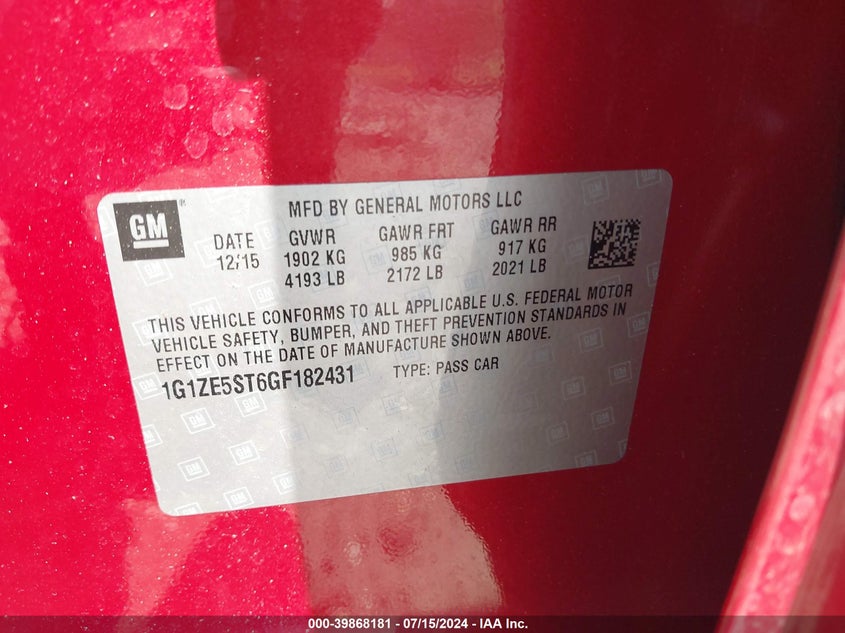 2016 Chevrolet Malibu 1Lt VIN: 1G1ZE5ST6GF182431 Lot: 39868181