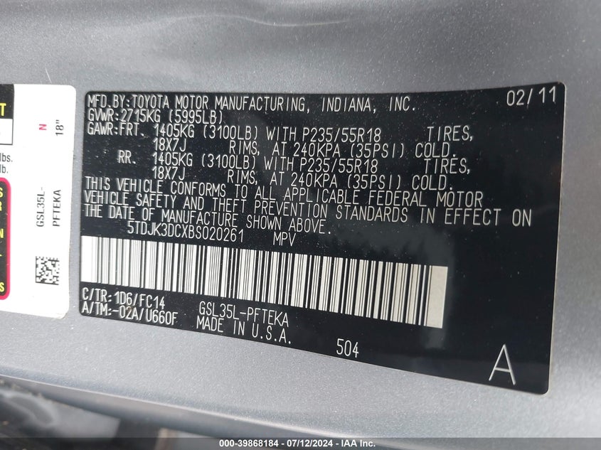 2011 Toyota Sienna Le VIN: 5TDJK3DCXBS020261 Lot: 39868184