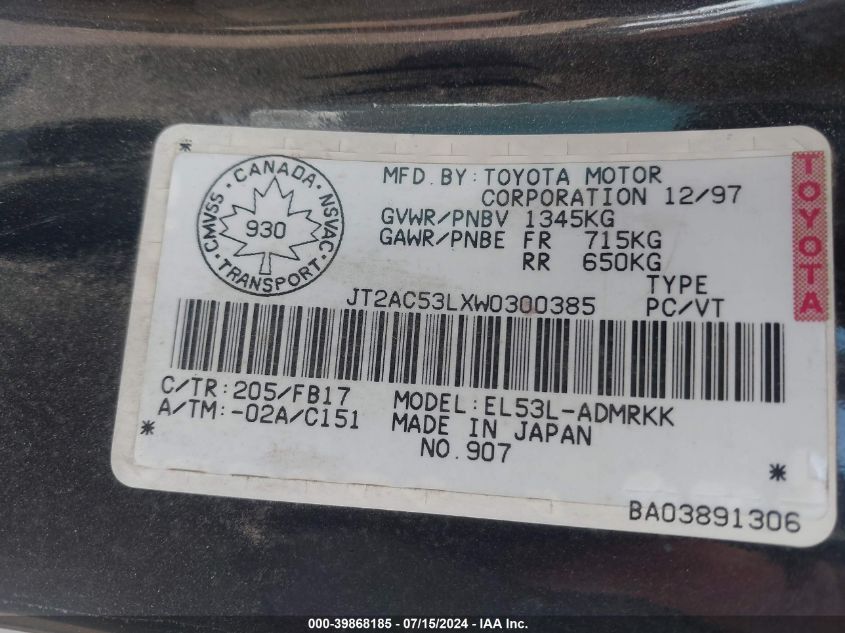 1998 Toyota Tercel Ce VIN: JT2AC53LXW0300385 Lot: 39868185