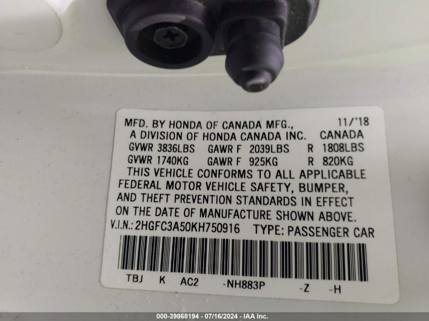 2019 Honda Civic Si VIN: 2HGFC3A50KH750916 Lot: 39868194