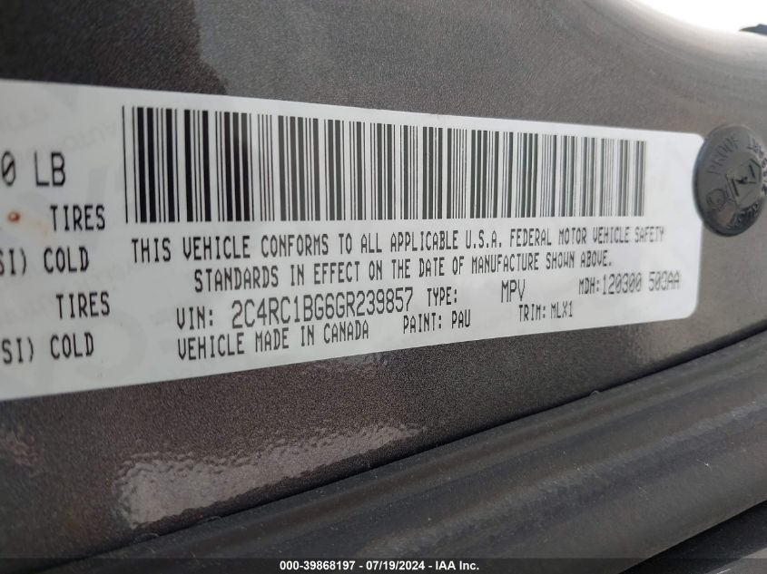 2016 Chrysler Town & Country Touring VIN: 2C4RC1BG6GR239857 Lot: 39868197