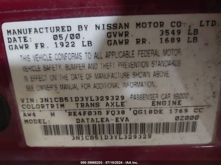 2000 Nissan Sentra Gxe/Xe VIN: 3N1CB51D3YL329329 Lot: 39868203
