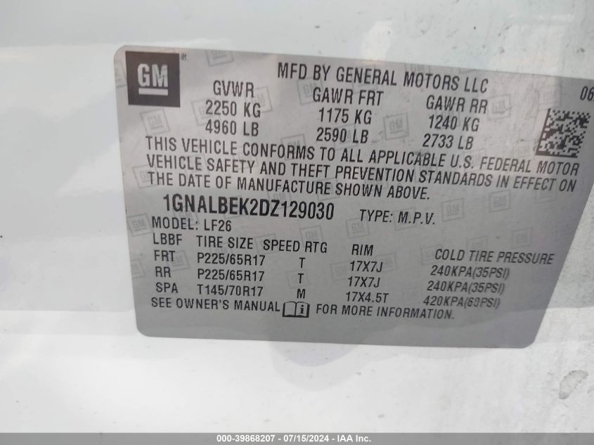 1GNALBEK2DZ129030 2013 Chevrolet Equinox Ls