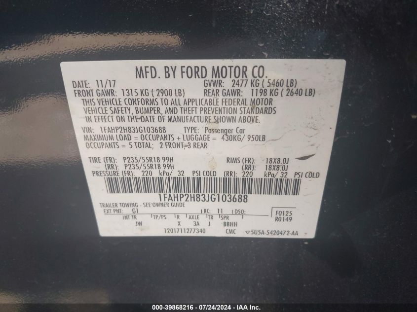 2018 Ford Taurus Sel VIN: 1FAHP2H83JG103688 Lot: 39868216