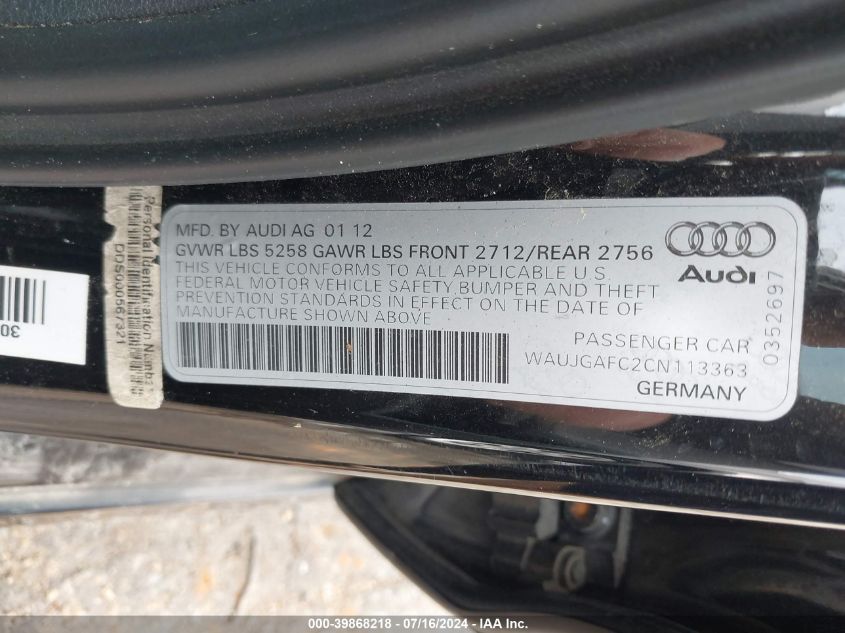 2012 Audi A6 3.0 Premium VIN: WAUJGAFC2CN113363 Lot: 39868218